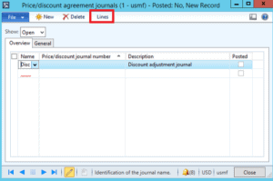 lines button price discount journal dynamics ax