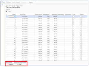 lease schedule in D365 showing lease amount and current value